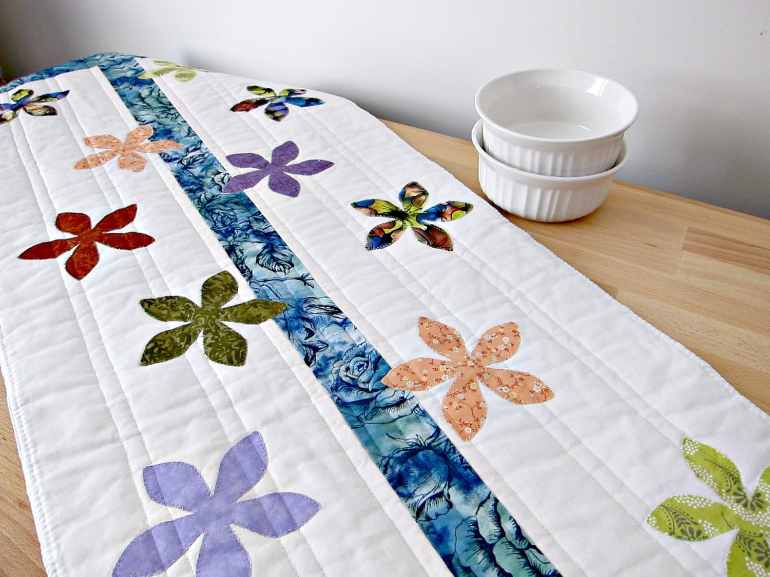 Quilted Table Runner Blue White Flowers Applique