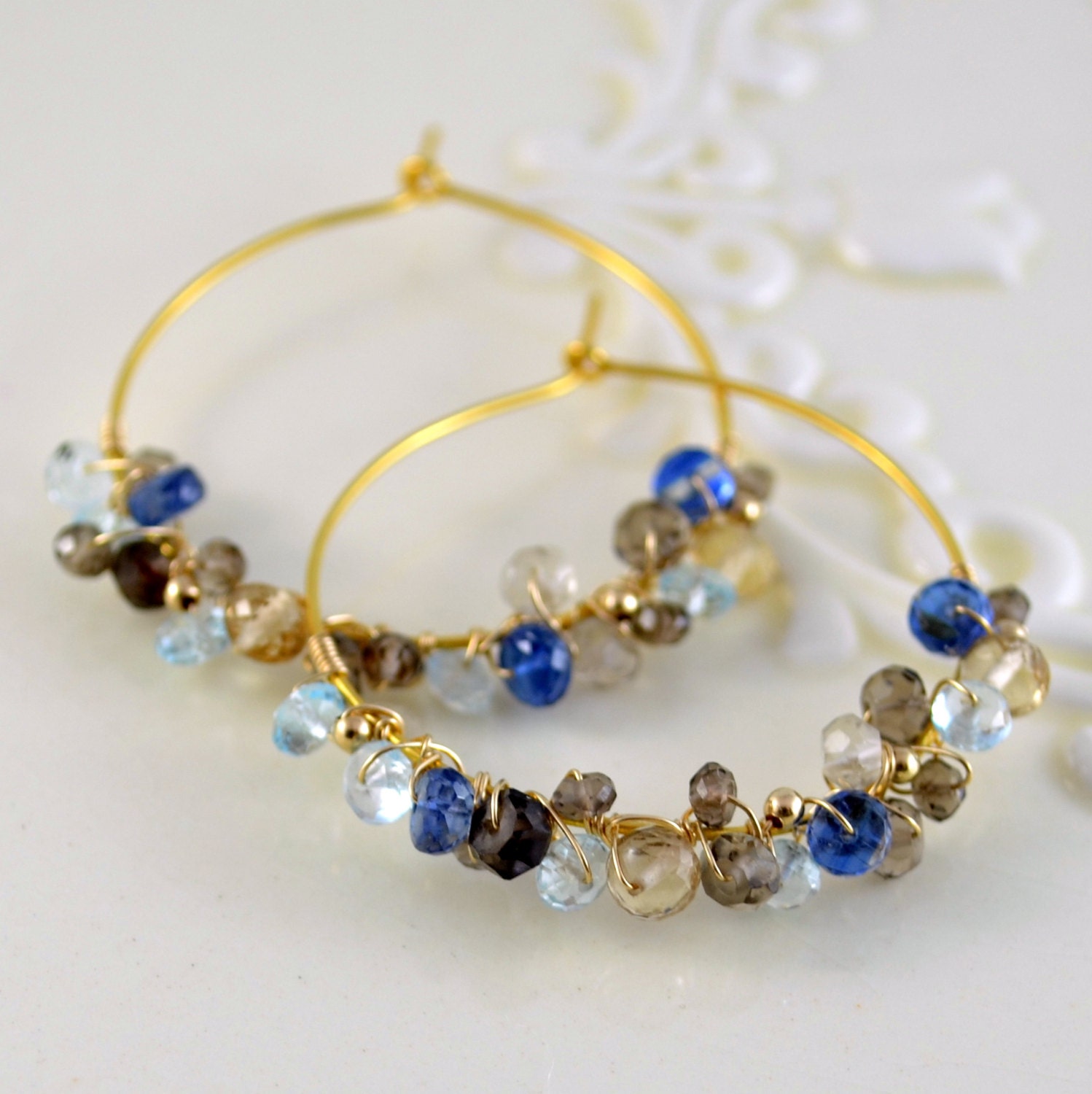 NEW Gemstone Hoops, Smoky Quartz Blue Topaz Kyanite Stones, Wire Wrapped Jewelled Earrings, Gold Jewelry, Free Shipping