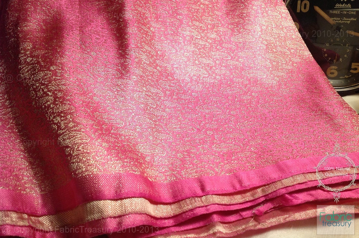Brocade silk fabric. Authentic Benarasi brocade woven with 100% Silk and Gold Zari. Paisleys on Pink. Fat Quarter (18 x 22 inches)