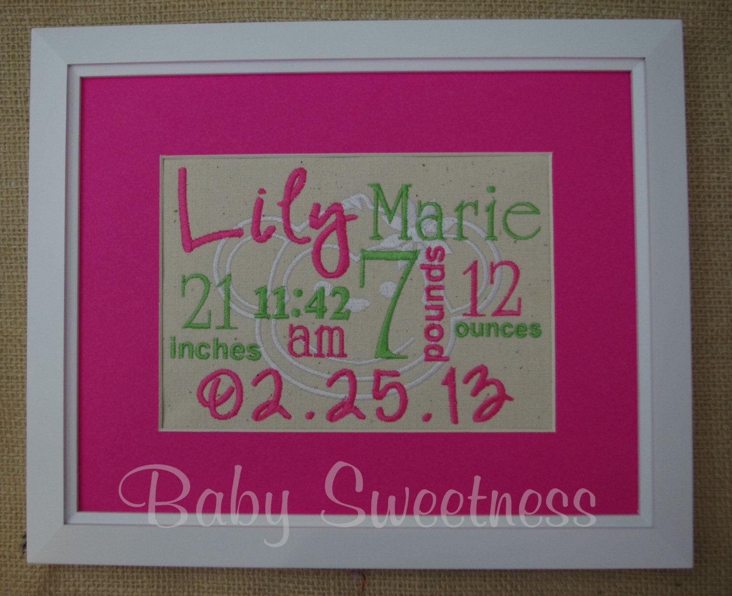 New Baby Gift Pink Green Canvas Birth Statistics Wall Hanging Subway Art Typography 8 X 10 FREE SHIPPING