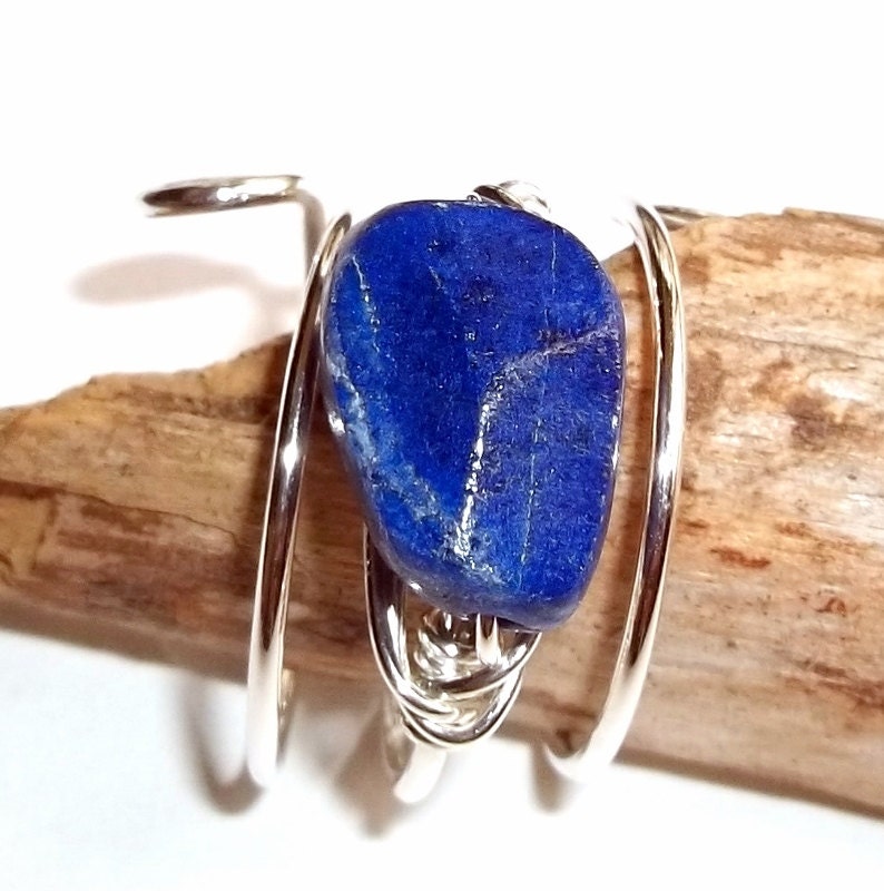 Blue Lapis Nugget Gemstone Ring Sterling Silver Wire Wrapped Adjustable earthegy