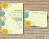 Wedding Invitation - Spring Flowers in Mustard Yellow Teal and Aqua - Garden Party - Invitation and RSVP Card with Envelopes