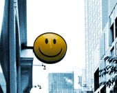 Still Life Film Photography 8 x 12 Print. City, Buildings, Melbourne, Smiley Face Sign, Film Photo, Black & White, Yellow, 70s
