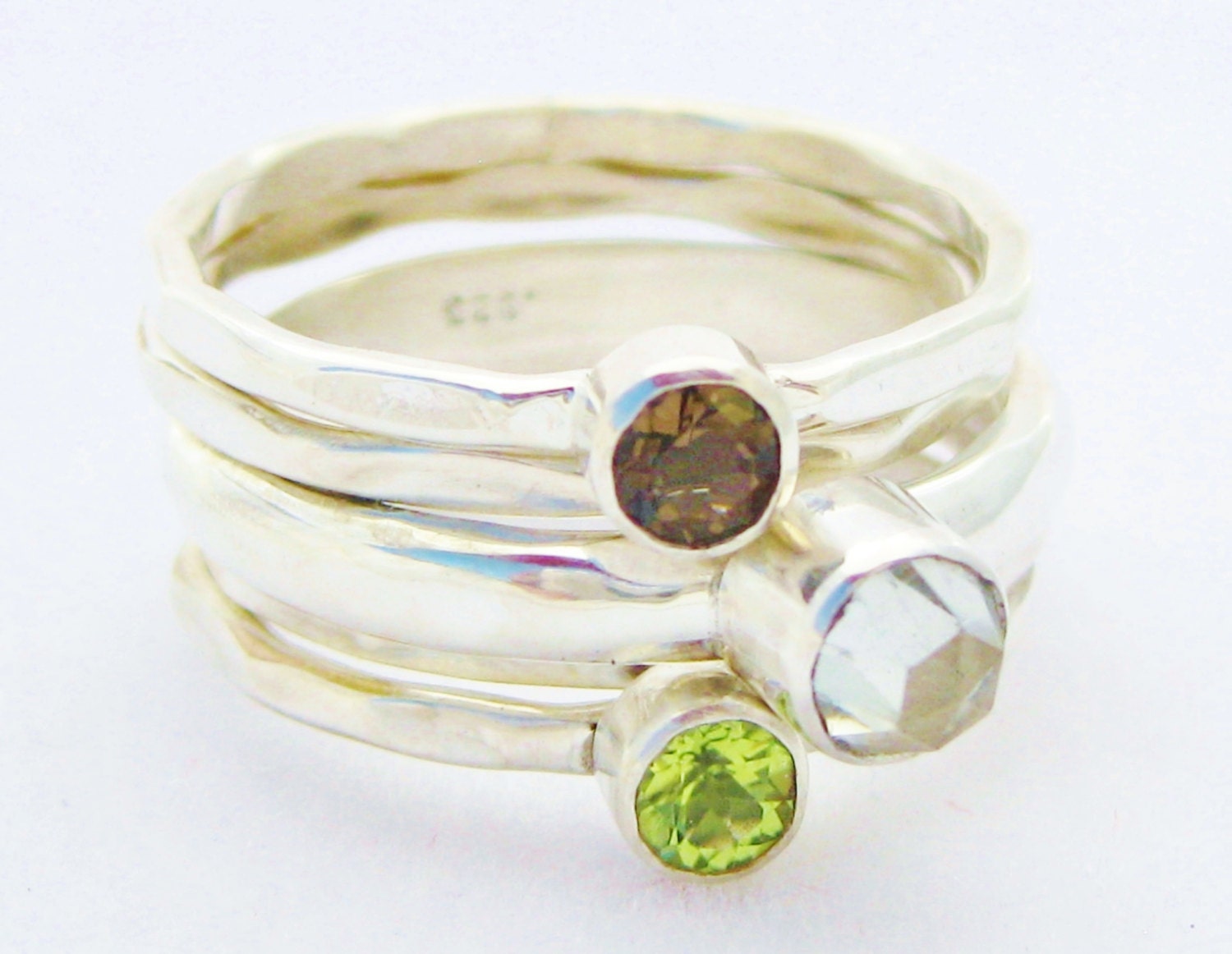 Gemstone Stacking Ring Set 5 Sterling Silver Bands with Genuine Stones Green Amethyst Smoky Quartz and Peridot