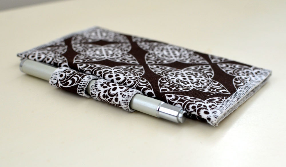 Checkbook Cover with Pen Loop Closure in Chocolate- pens wallet card holder brown lace money