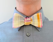 Men's Bow Tie in Pink Plaid- freestyle gray yellow stripes reversible wedding groomsmen bowtie neck self tie