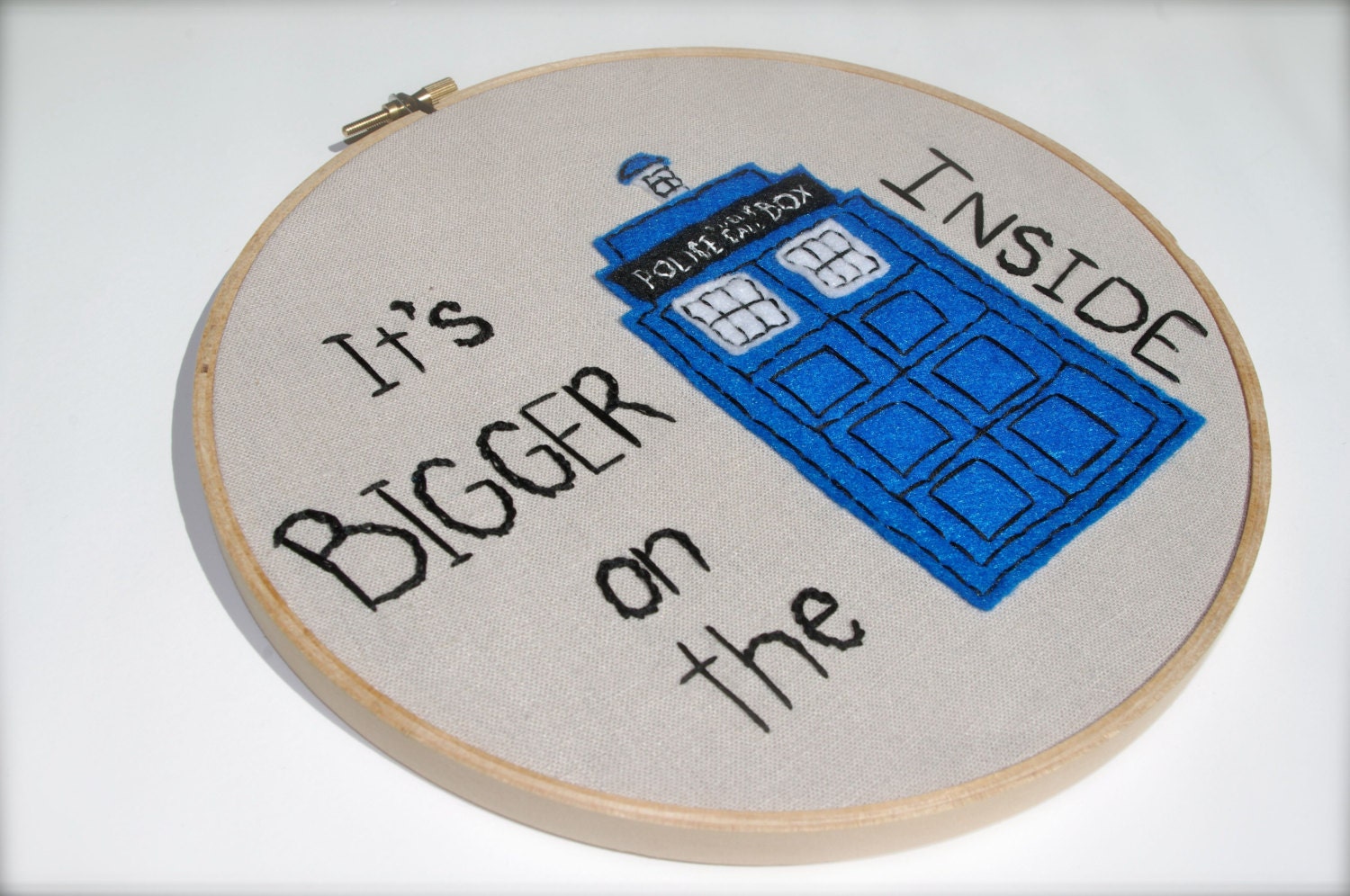 Dr Who TARDIS hand embroidered hoop art, police public call box, wall art, 8 inch hoop frame, OOAK