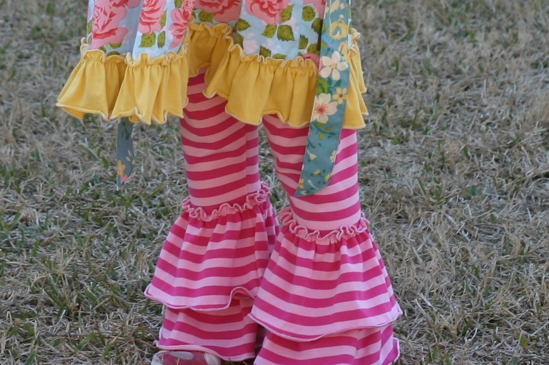 light pink and dark pink stripe knit leggings with double ruffles sizes 12m - 8 girls