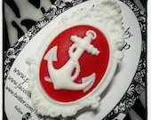 Sailors Anchor Cameo Brooch Pin- White & Red Ornate Frame