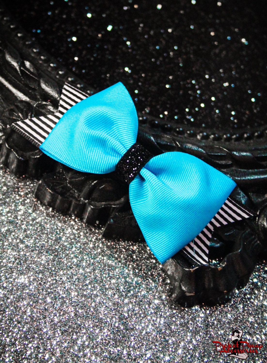 Teal Hairbow with Black and White Stripes
