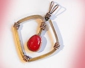 Pendant, Brass, Copper and Red Fused Glass