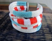 Turquoise, White and Coral Striped Fabric Bracelet/Wrist Cuff