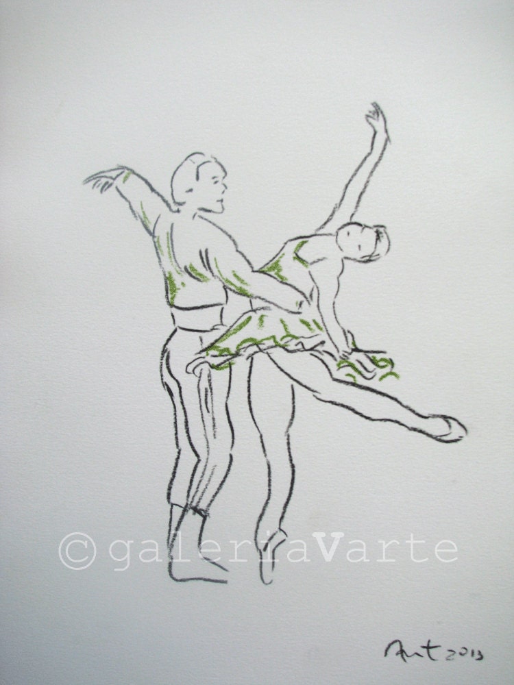 Original charcoal and soft pastel drawing - ballet dancers - emerald - painting - europeanstreetteam