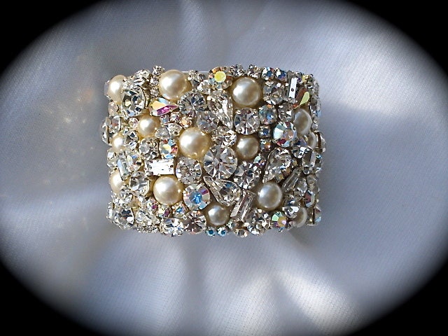 Swarovski Crystal - Pearl Bridal Cuff Bracelet - crystal bridal bracelet cuff, wedding bracelet, 2" wide wedding bracelet, handmade, OOAK