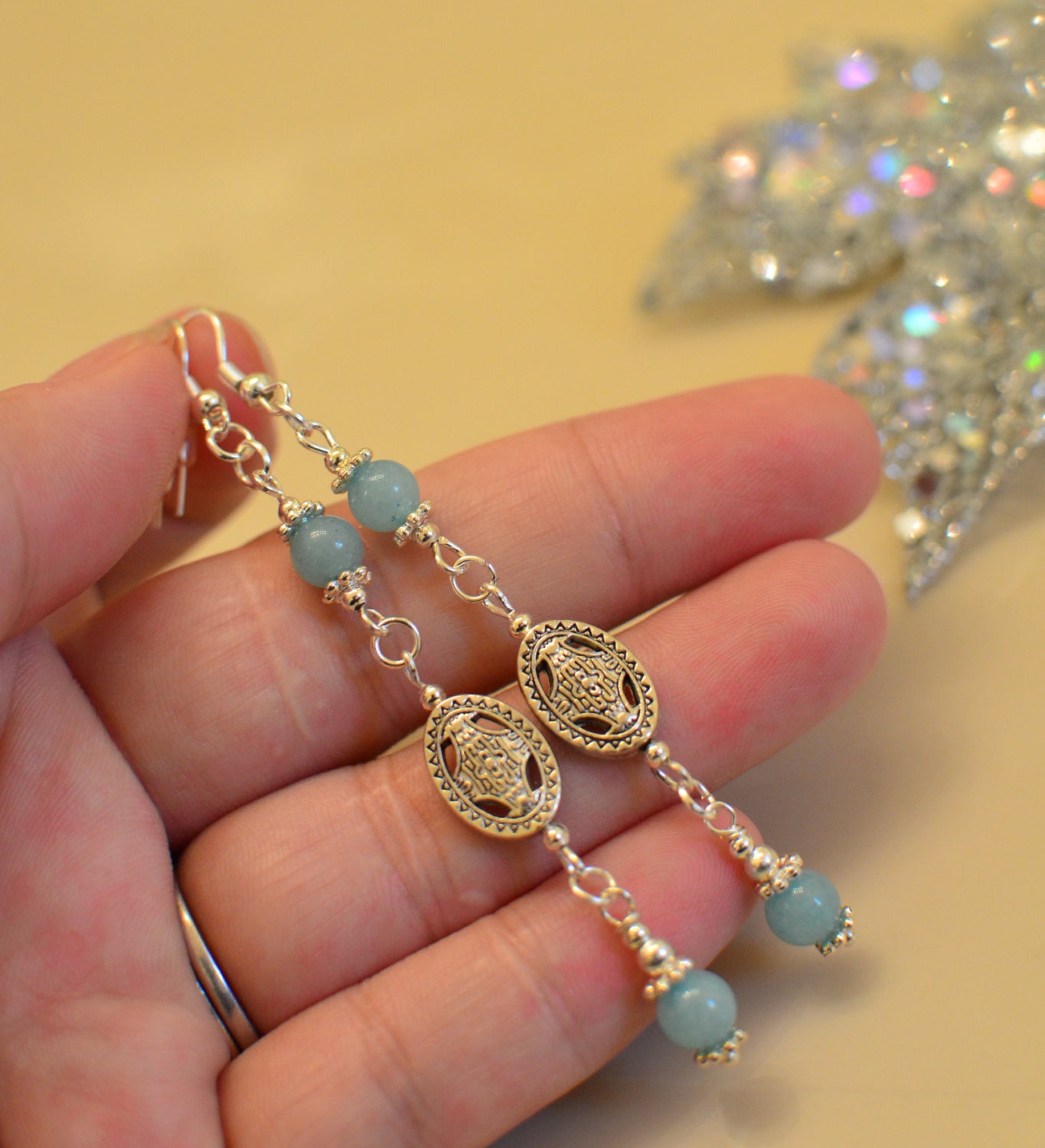 Aqua Dangle Earrings - Genuine silver Aquamarine Gemstone Dangles Elegant Dangling Drop charm Celtic Modern Chic Victorian avant garde