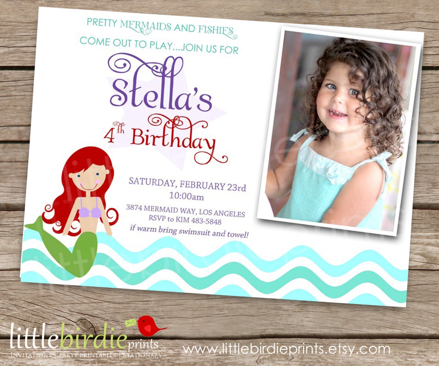 LITTLE MERMAID INVITATION Birthday party Printable with Photo no photo. Can customize hair color