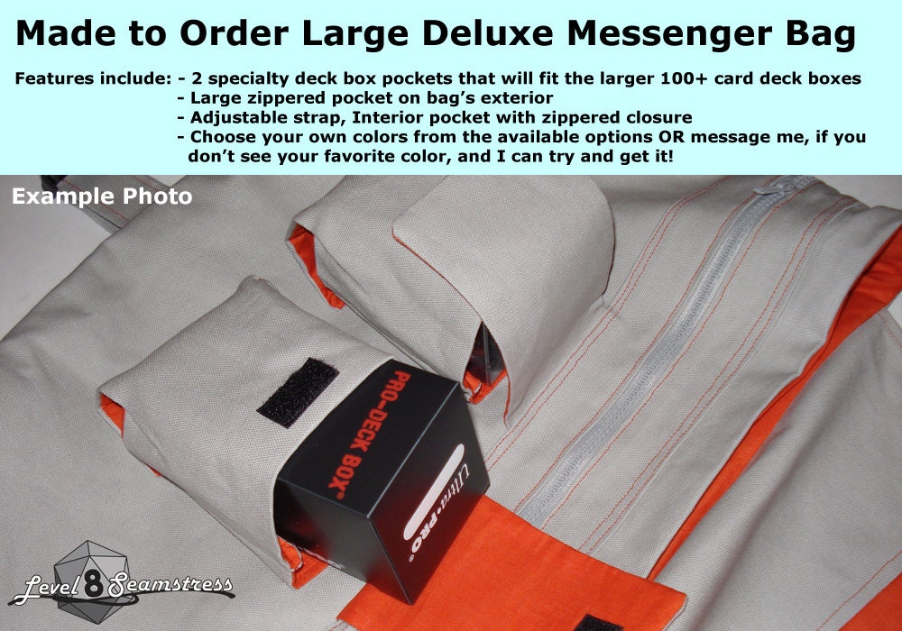 Made to Order LARGE DELUXE Messenger Bag with 2 Deck Pockets for Larger Pro Style Deck Boxes for MTG or other TCGs Deck Storage