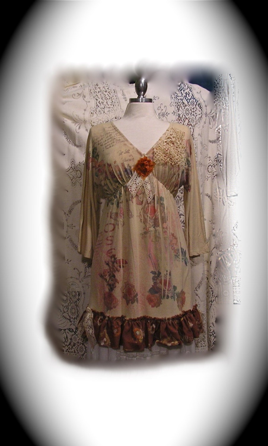 Bohemian Cottage Top, French garden, shabby altered clothing blouse shirt boho MEDIUM