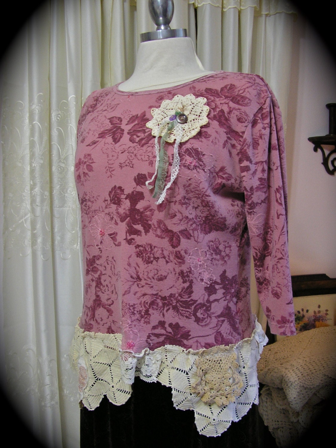 Upcycled Boho Top, altered cotton plum shirt, doily blouse crocheted doilies lace embellished, LARGE
