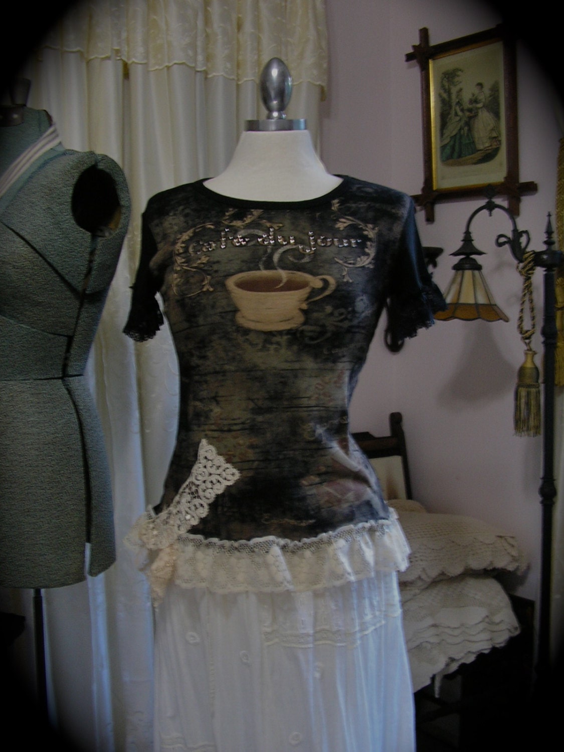 Black Altered Shirt, cotton pullover top, eco friendly, upcycled clothing, Cafe, bohemian clothing, altered clothing PETITE SMALL