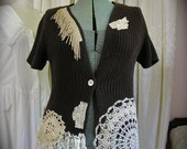 Romantic Brown Sweater, upcycled altered clothing, vintage lace crocheted doily embellished, SMALL MEDIUM