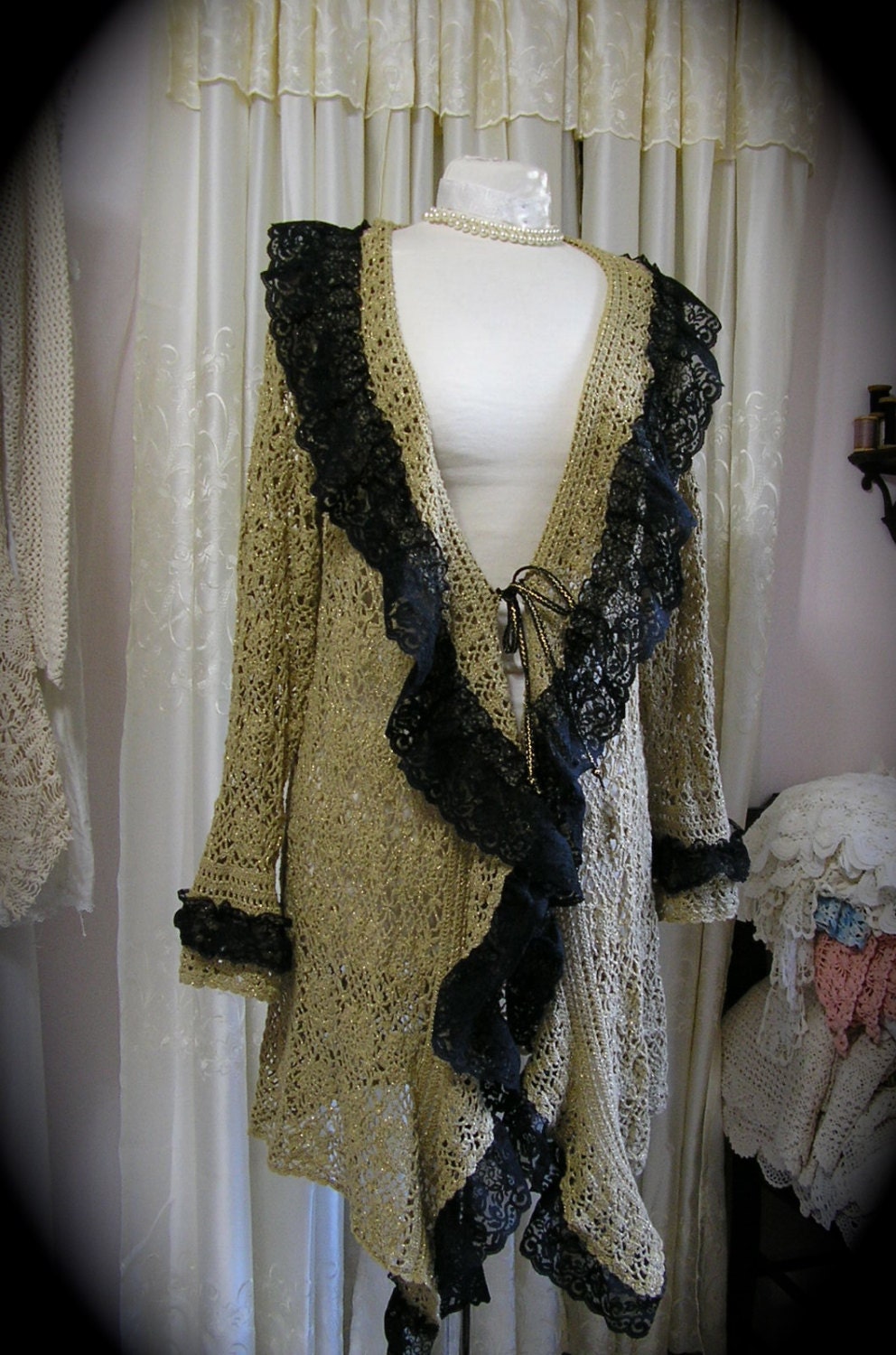 Long Bohemian Sweater, crochet sweater coat, black lace embellished, altered couture clothing, LARGE XL Plus Size