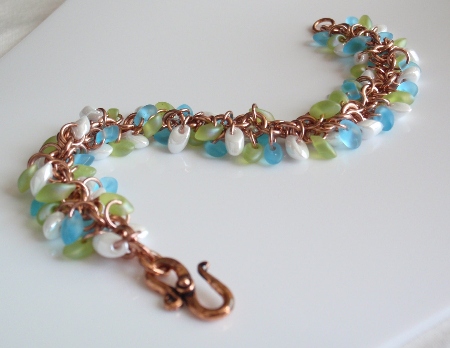 Beaded Bracelet Shaggy Loops Sea Glass Colored Magatama Beads Chainmail