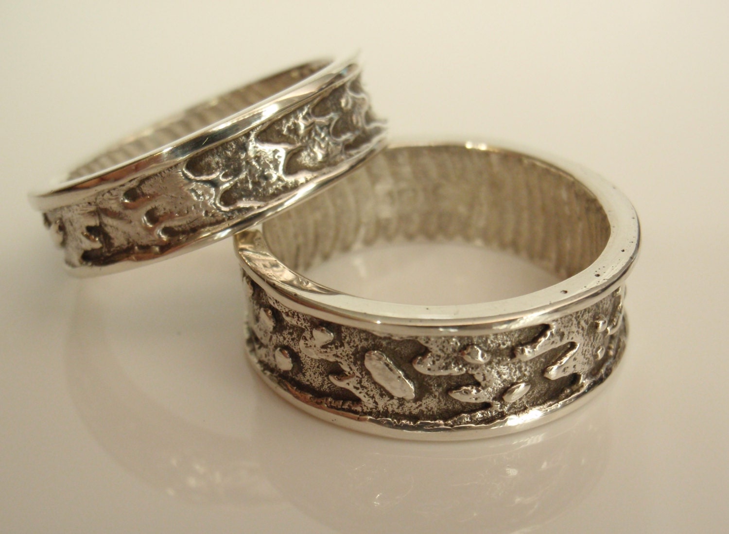 Sterling Silver Wedding Bands Rings His and Hers Custom Cuttlebone Cast