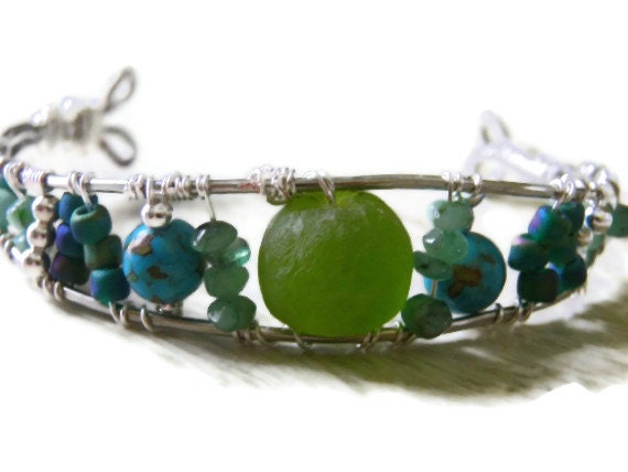 Silver wire wrapped bangle bracelet green glass blue silver turquoise seed beads gift