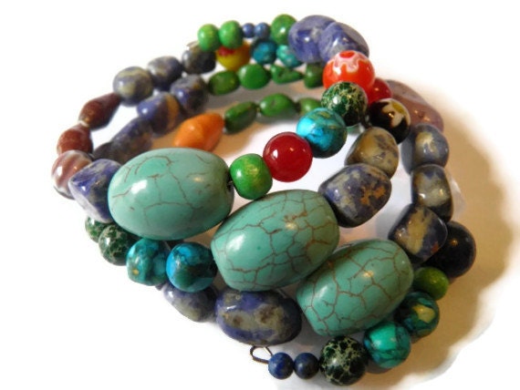Rainbow wrap bracelet lapis lazuli, agate, rose quartz, turquoise, paper beads boho chic bohemian Spring Summer