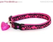 ON SALE Heart Cat Collar - Pink Hearts on Black - Large Size Collar