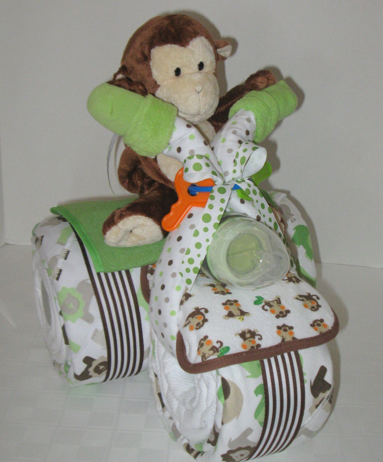 Diaper Cake,Tricycle, Trike, Baby Shower Gift , Jungle, Monkey, Centerpiece, Baby Cakes, Baby Boy
