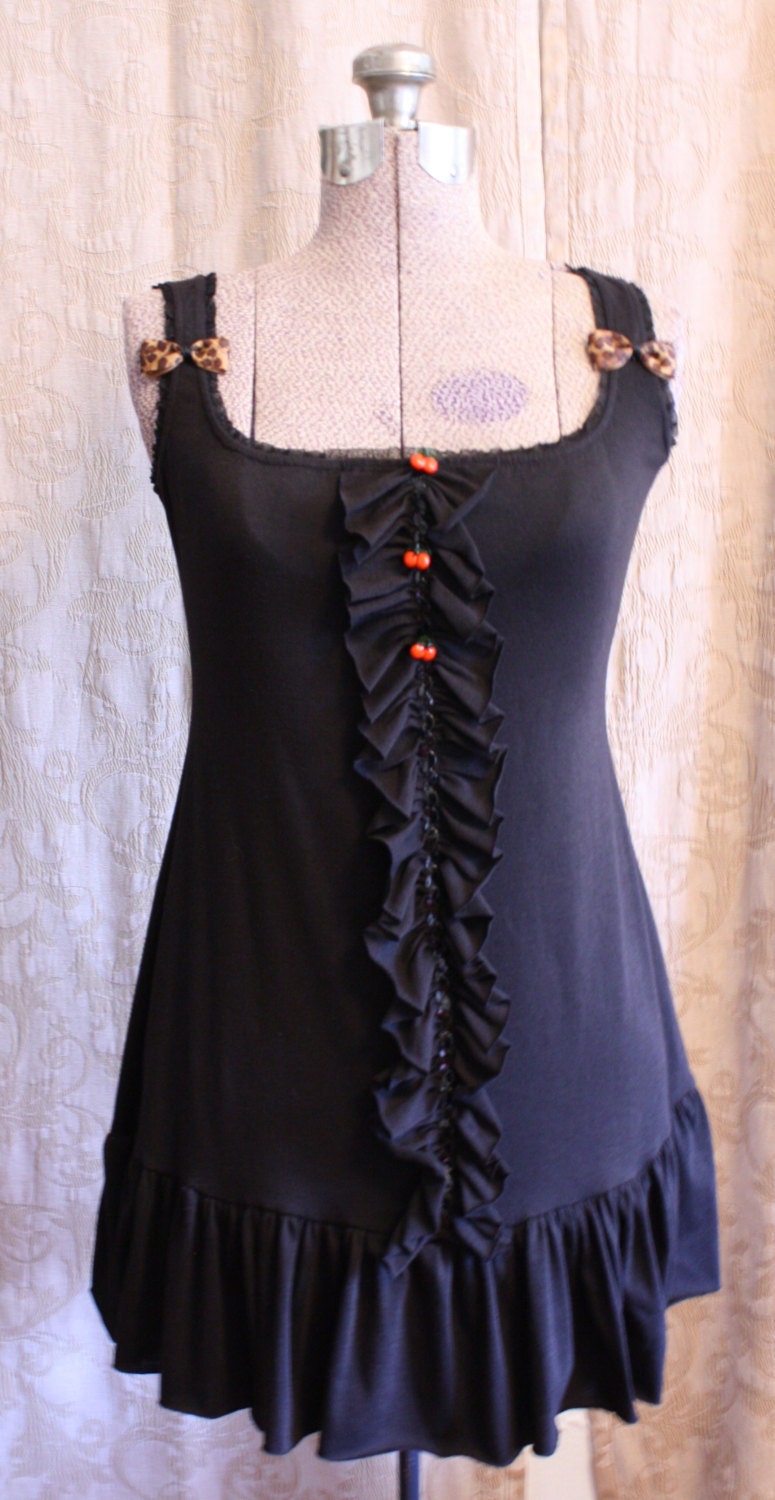 Upcycled Mini Dress Ruffled Tunic Cherries and Leopard Retro Goth Gothabilly