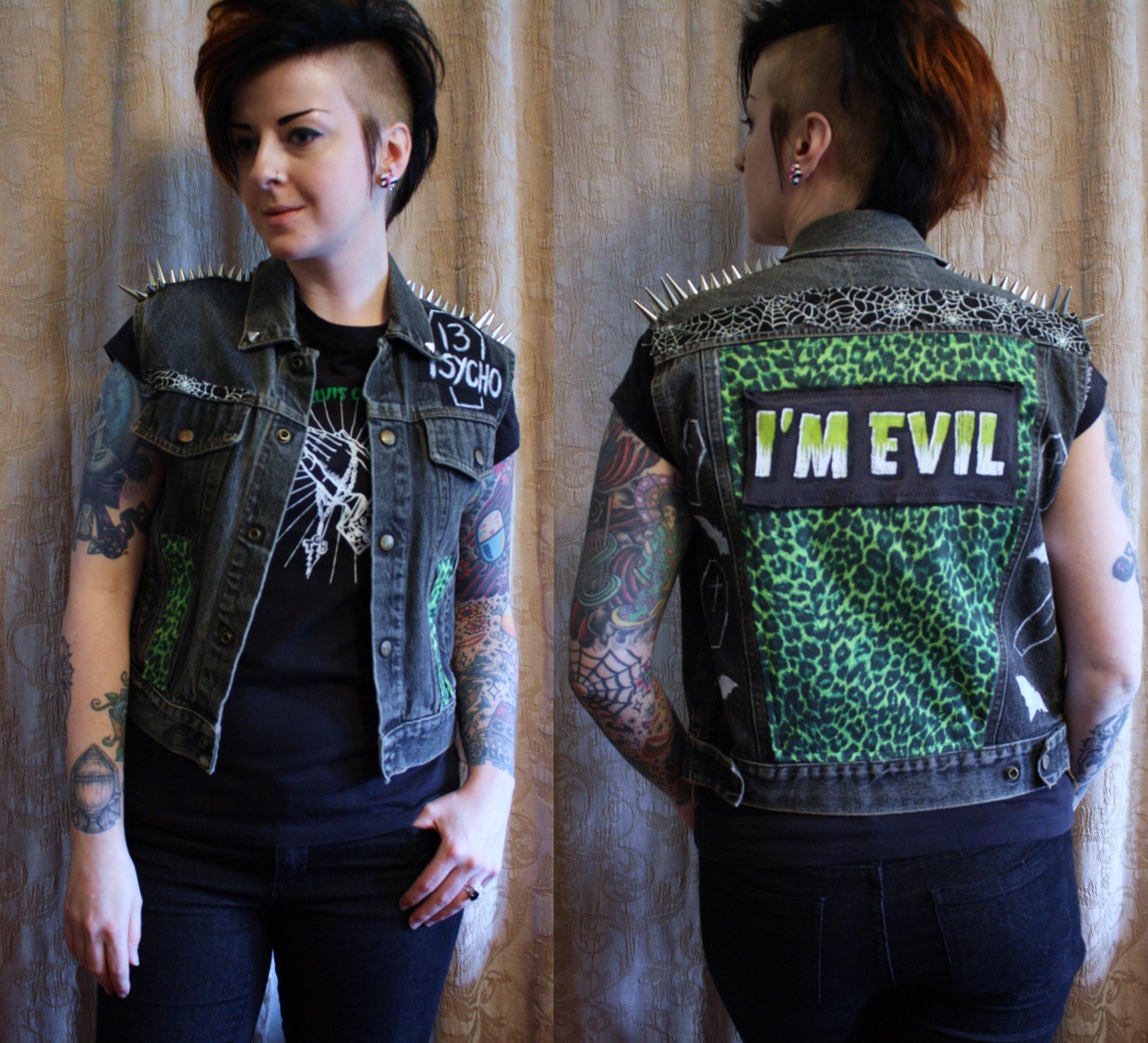 Upcycled I'm Evil Psychobilly Spiked Grey Denim Vest DIY green leopard deathrock punk
