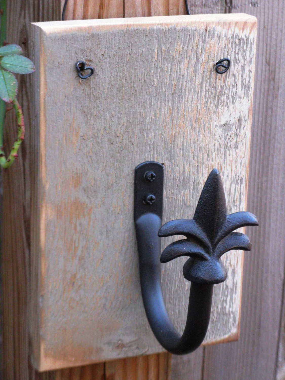 Fleur de lis Plant Hanger on Wood Plaque, Bird Feeder Hanger