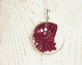 Textile necklace with burgundy lace in vintage style - oxblood jewelry