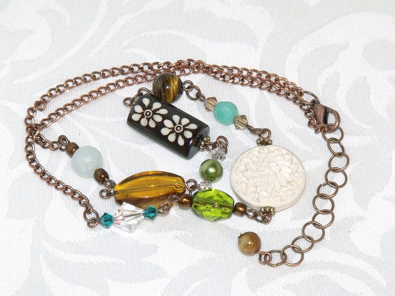 Multi Color Mixed Bead Necklace - earthy colors amber green brown glass stone crystal