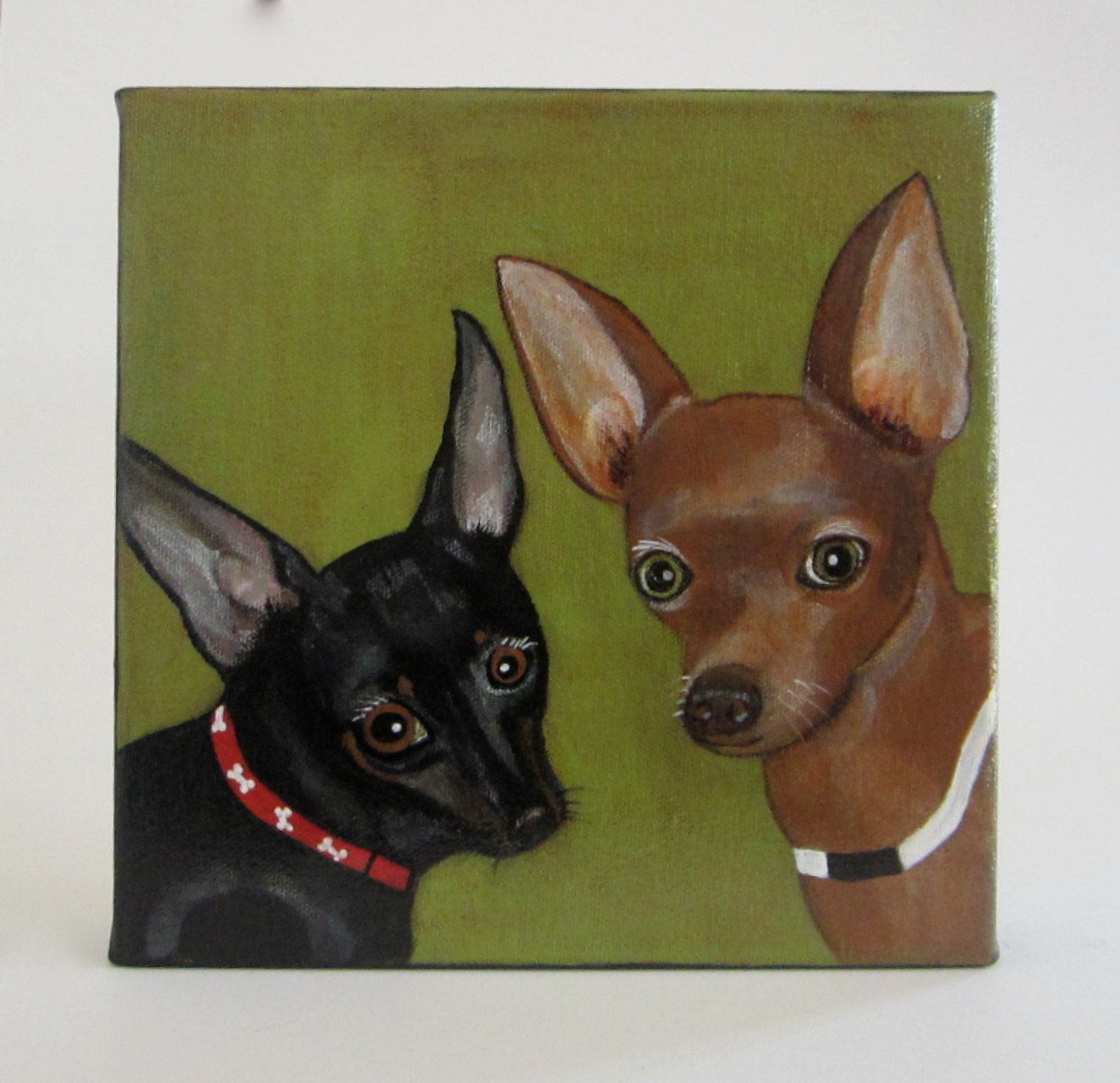 Duo Custom Portrait l dog portrait l original painting l 8x8 pet portrait personalized puppy modern canvas green black red tile studio