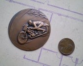 Motorcyclist - Vintage Round Metal Stamping - Racing Medal or Award