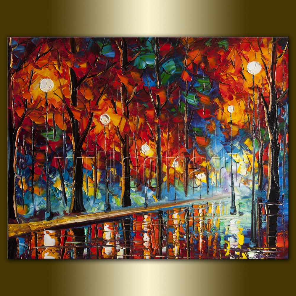 Landscape Painting Rainy Night Modern Paintings Textured Palette Knife Oil on Canvas Contemporary Original Art 24X30 by Willson Lau