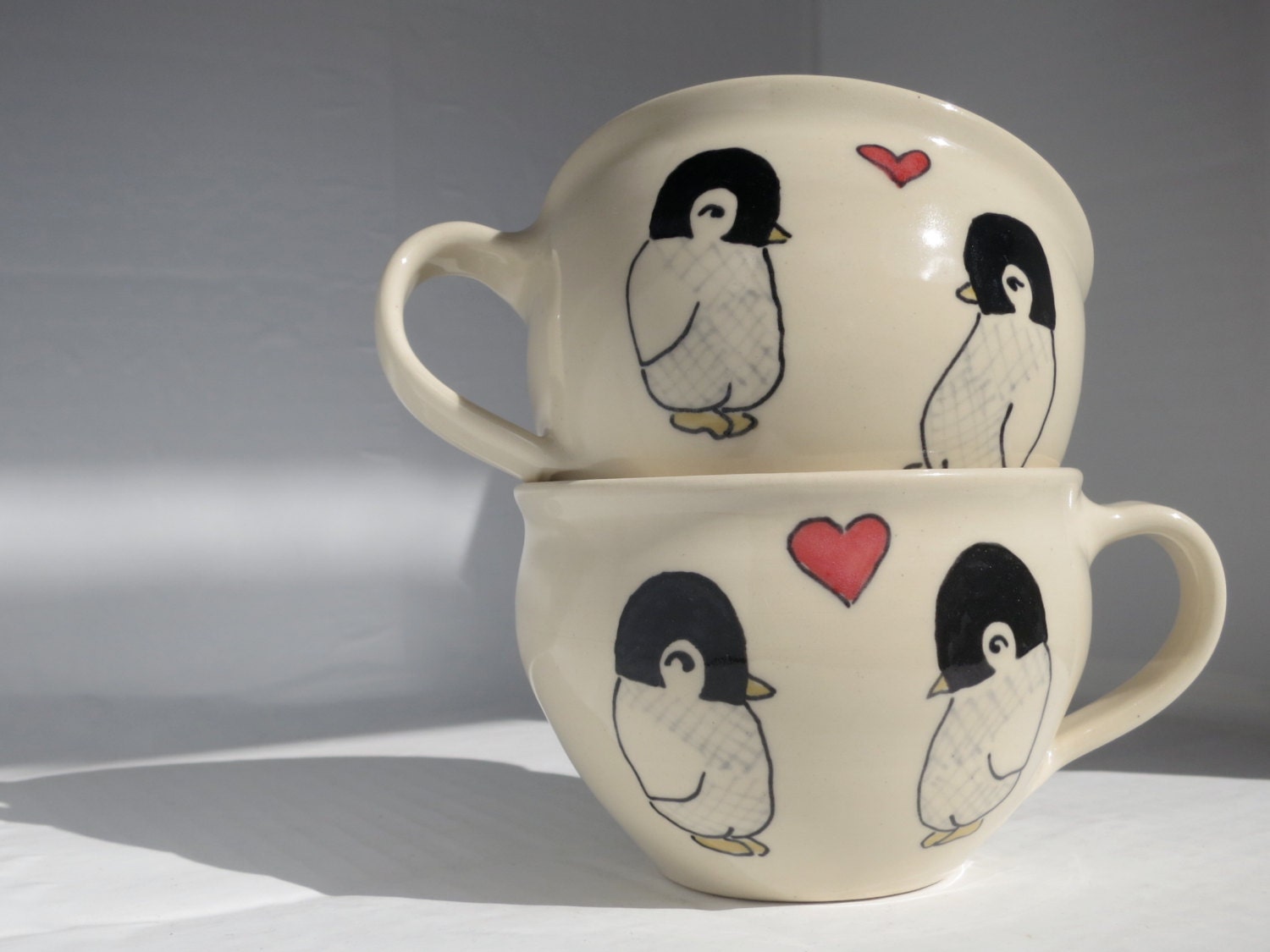 Personalized Wedding Gift - Personalized Engagement Gift - Pair of Made to Order Teacups - Penguins in Love