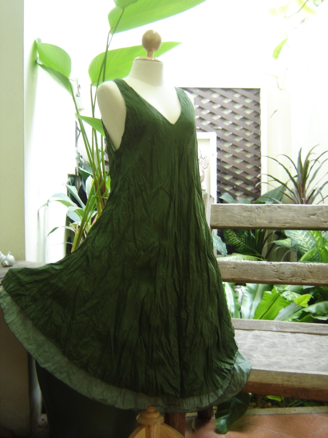 M-XL Double Layers Cotton Dress - Olive Green