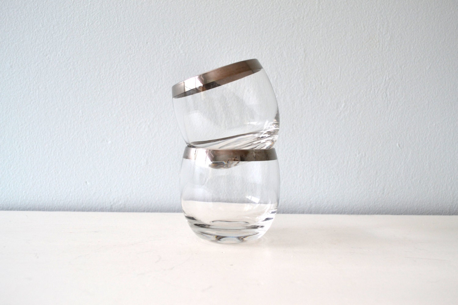 Vintage Roly Poly Glasses, Mad Men Silver Rim Drinking Glassware, Midcentury Barware, 1960s Silver Rimmed
