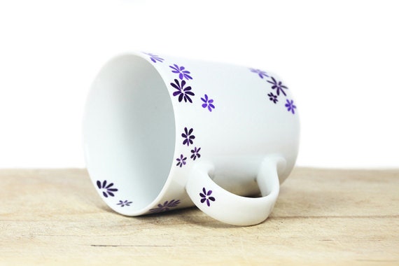 Hand Painted Ceramic Mug Tea Cup With purple flower botanical design Minimalist modern white coffee cup  Decorative Ceramic Art