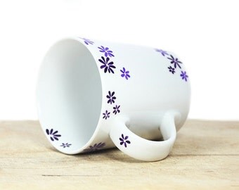 Hand Painted Ceramic Mug Tea Cup With purple flower botanical design Minimalist modern white coffee cup  Decorative Ceramic Art