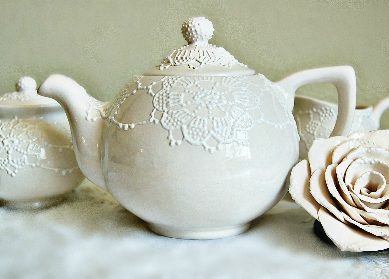 Cream white lace teapot
