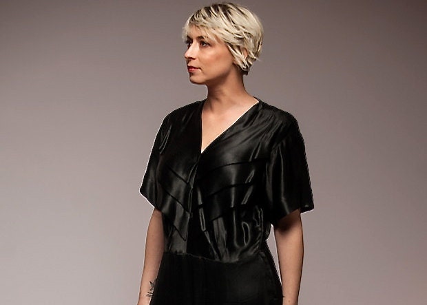40s Black Dress/ Liquid Satin Early 40s dress/ Origami pleats/ Old Hollywood