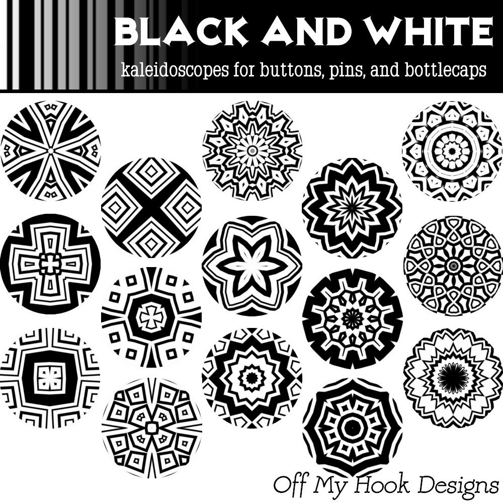 Black and White Kaleidoscopes, Digital Images, 1" Images, Button Images, Pin Images, Bottlecap Images