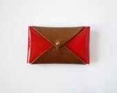 Leather Business Card Case or Wallet - Brown and Red Colorblock