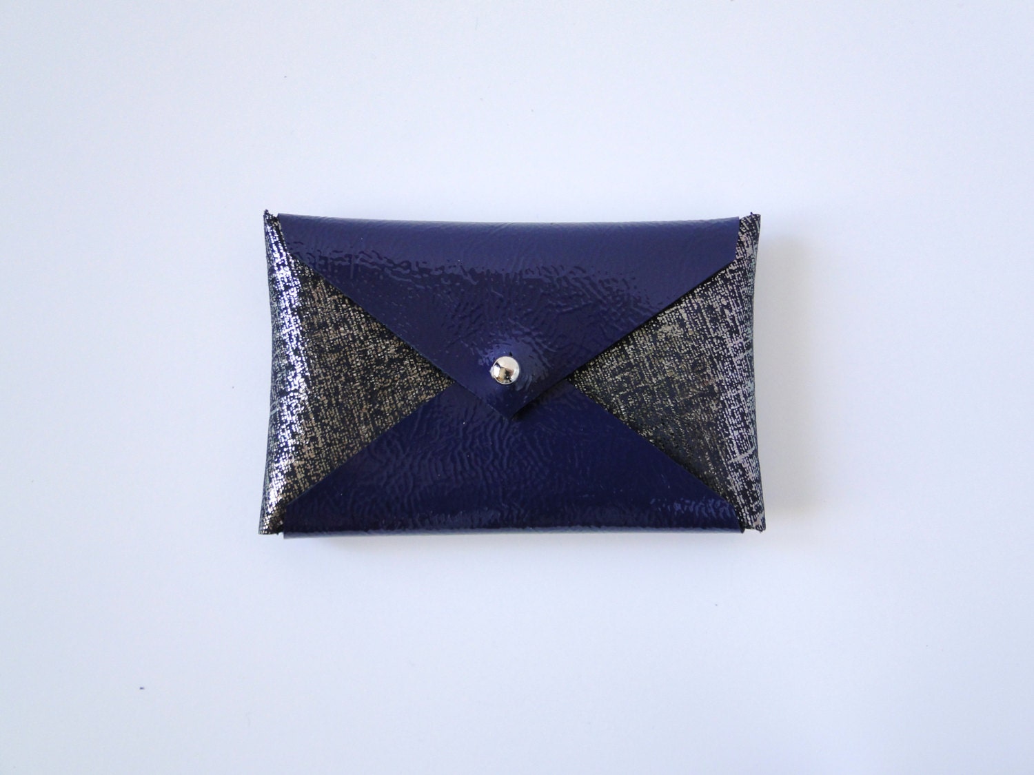 Leather Business Card Case or Wallet - Patent Navy and Crosshatch Black/Silver Colorblock